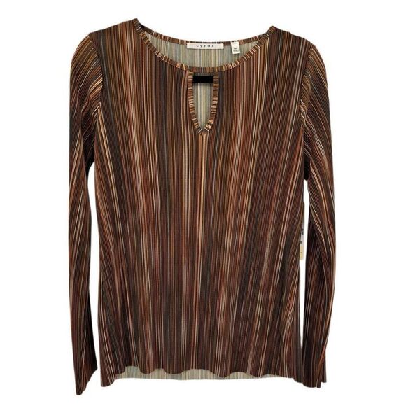 Cyrus Striped Plisse Long Sleeve Keyhole Top Brown/Orange Size Medium NWT Y2K - Picture 1 of 6